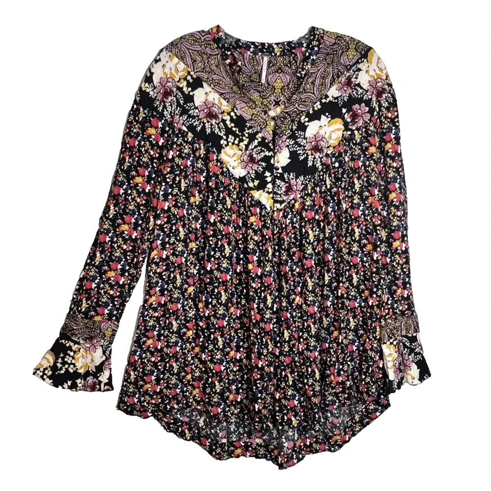 Free People Wildflower Fields Floral Tunic Blouse Womens Medium Boho